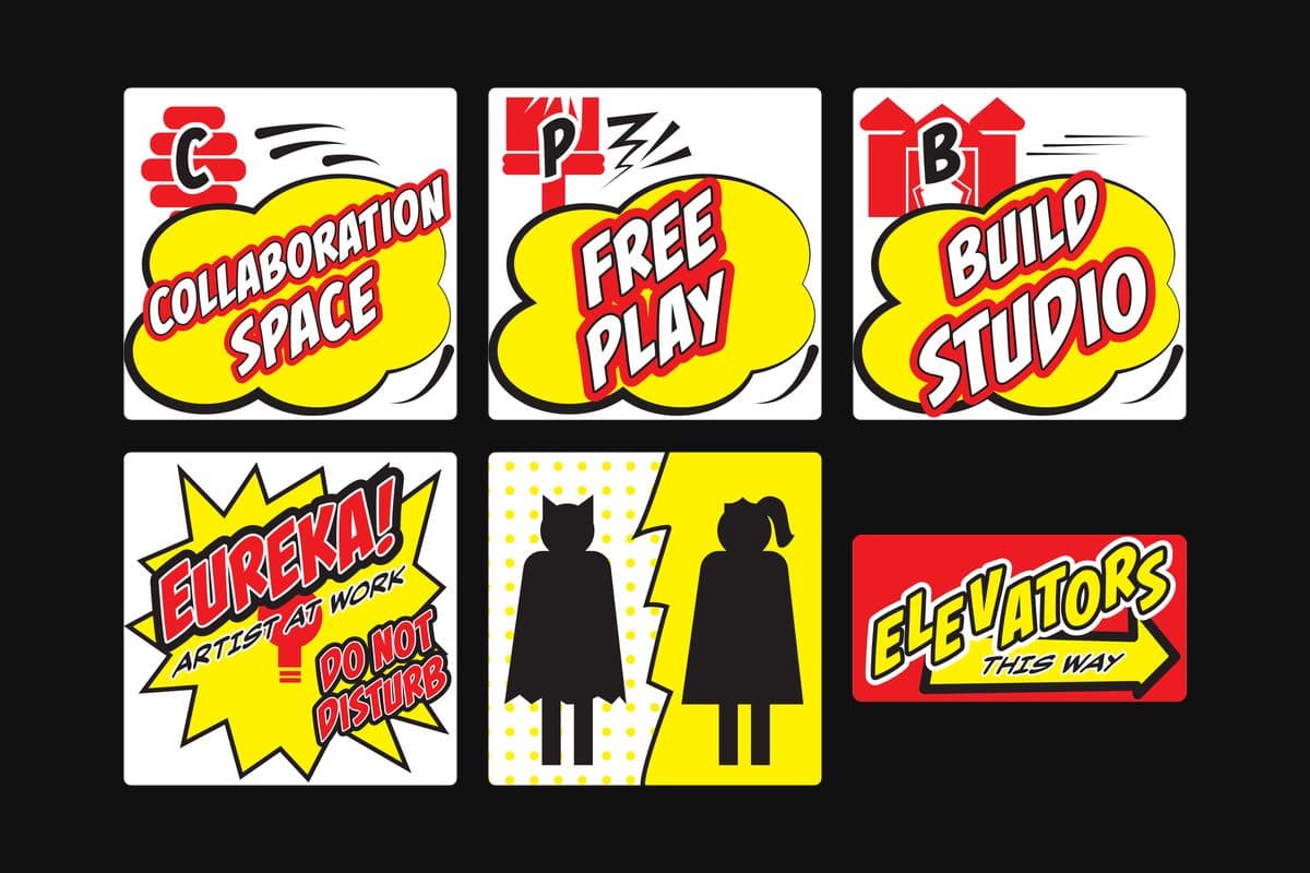 Wayfinding signs: Collaboration Space, Free Play, Build Studio